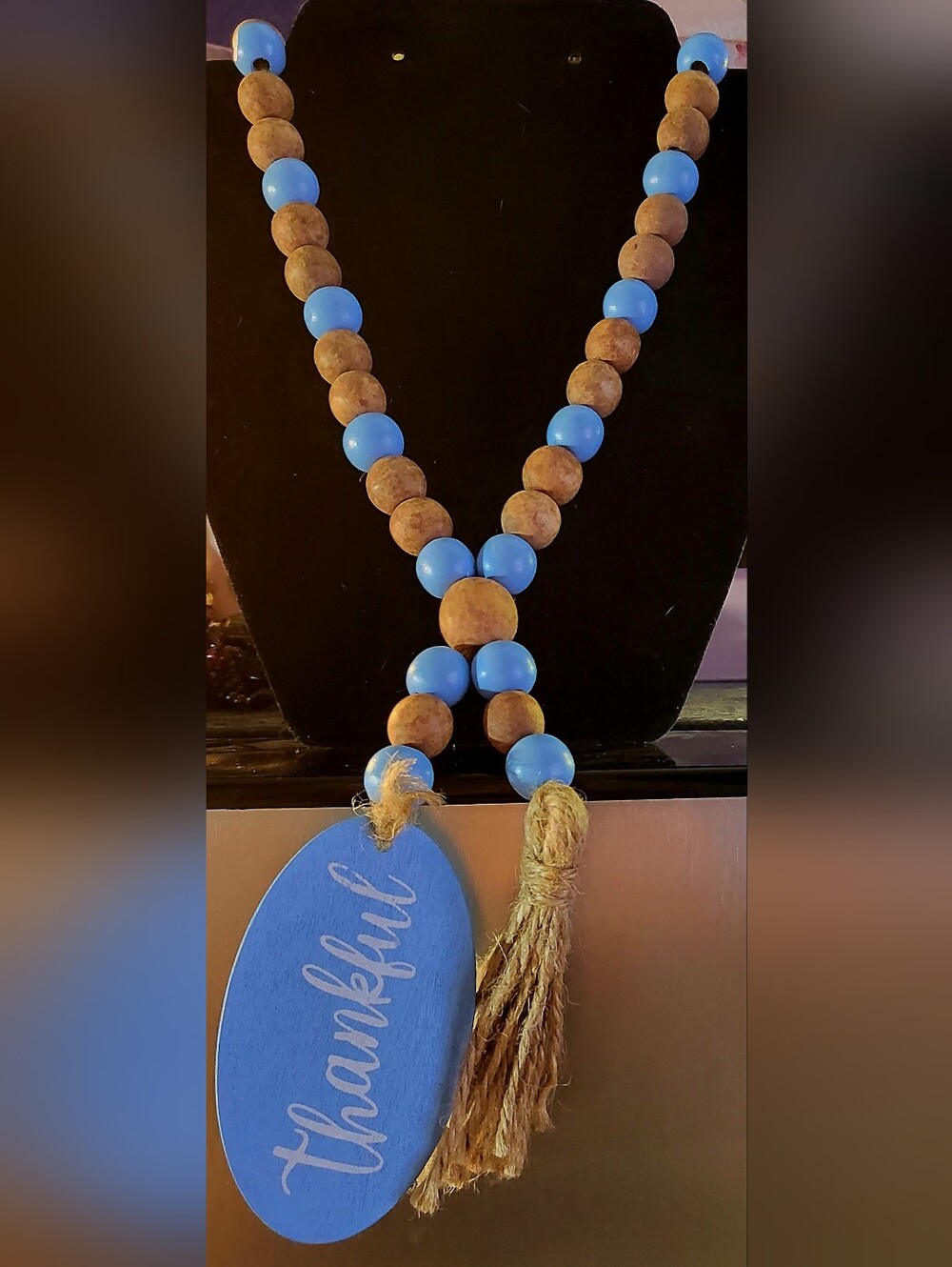 16" Blue & Natural Brown Wood Bead Garland with "Thankful" Tag & Jute Tassel